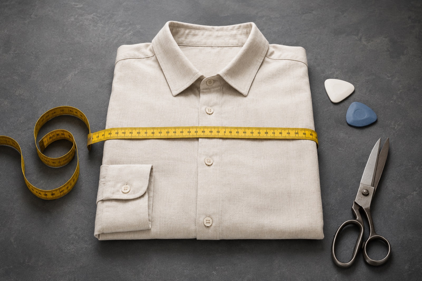 A tape measure laid across a folded shirt on a slate grey surface, with tailor's chalk and shears.