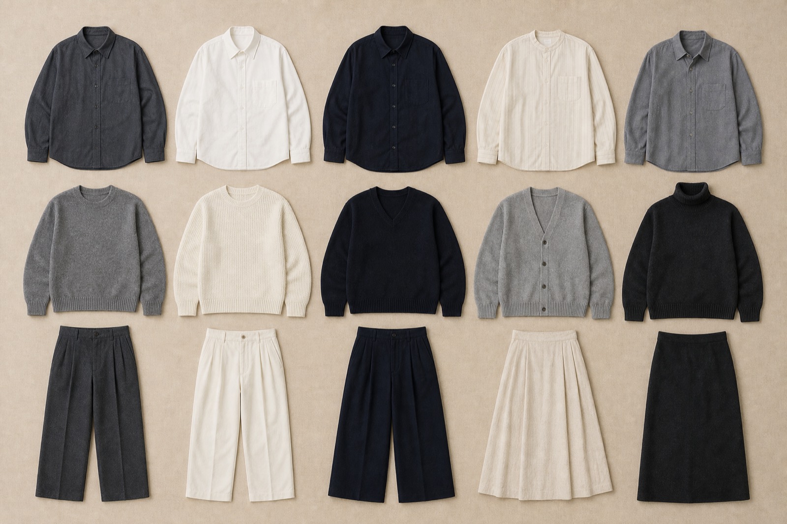 Fifteen garments laid out in a grid of five columns and three rows on an oat surface.