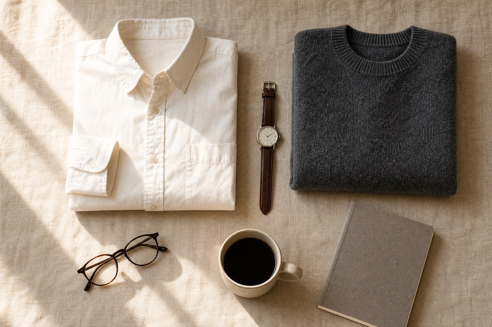 A folded shirt, a sweater, a watch, glasses, a cup of coffee and a notebook laid out on a linen surface in morning light.