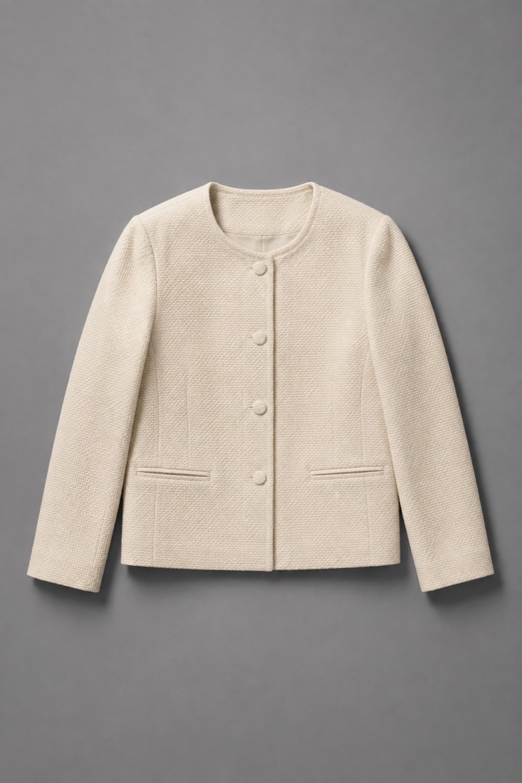 Collarless Jacket in Oat White, laid flat.
