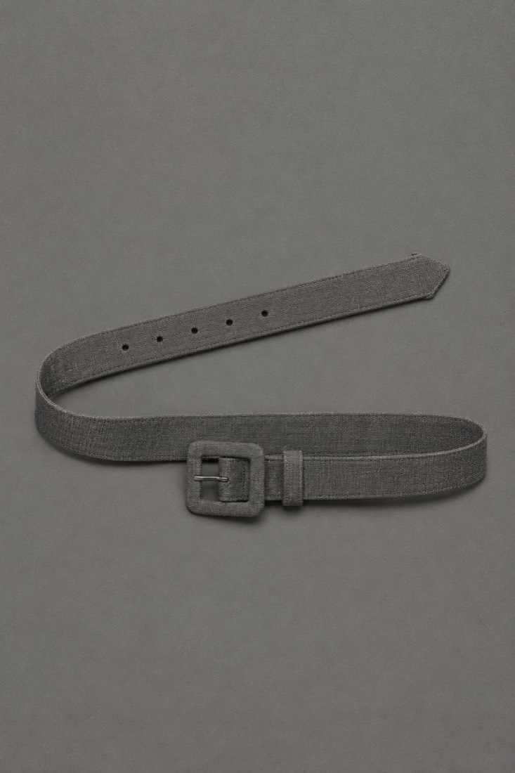 Fabric Belt Covered-Buckle in Slate Grey, laid flat.