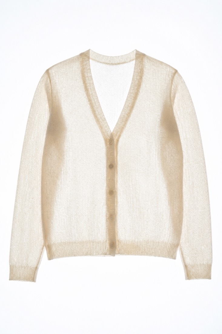 Fine-Gauge Cardigan photographed against a backlight so the opacity of the cloth is visible.