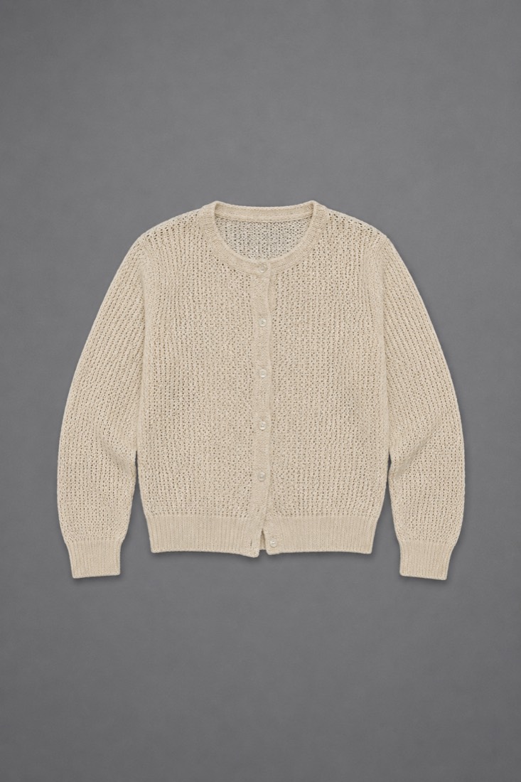 Fine-Gauge Cardigan in Oat White, laid flat.