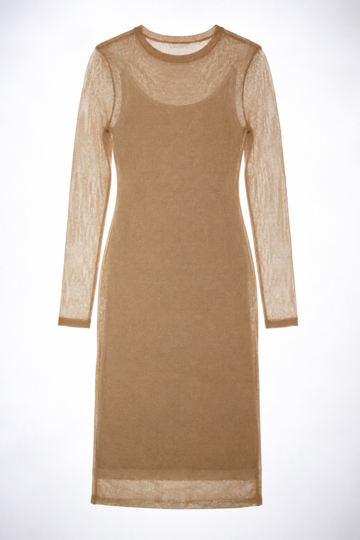 Knit Dress Long-Sleeve photographed against a backlight so the opacity of the cloth is visible.