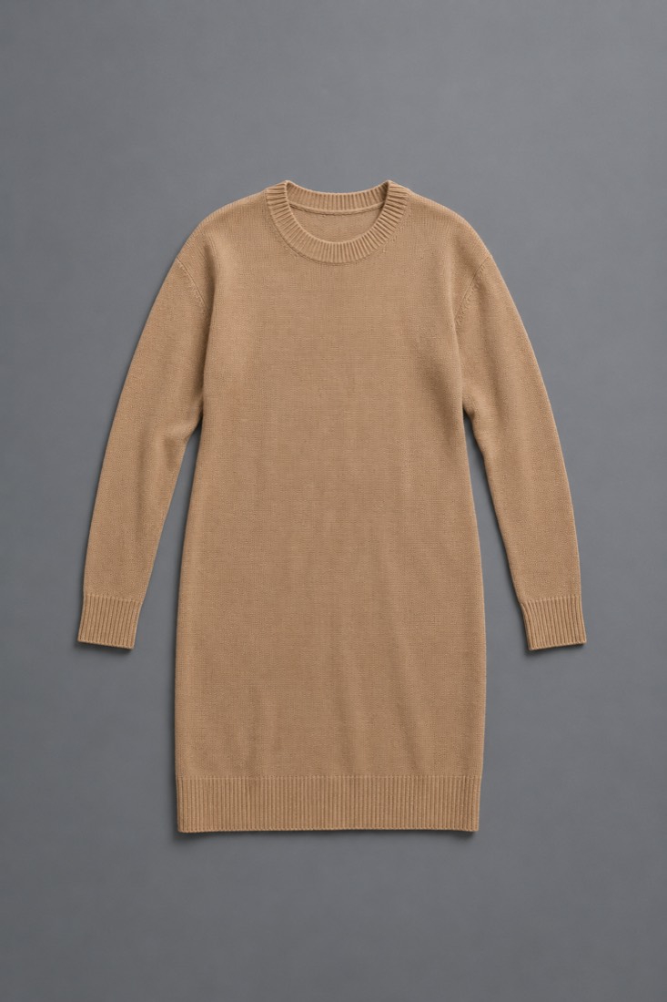 Knit Dress Long-Sleeve in Camel, laid flat.