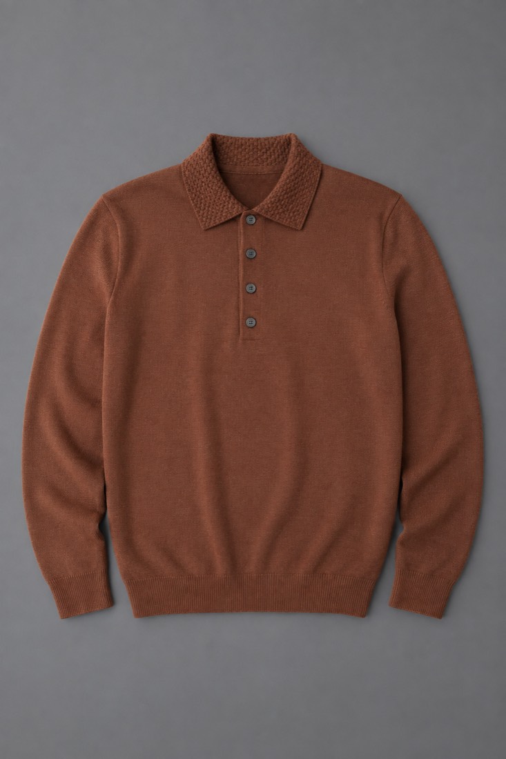 Long-Sleeve Knit Shirt in Brick Brown, laid flat.