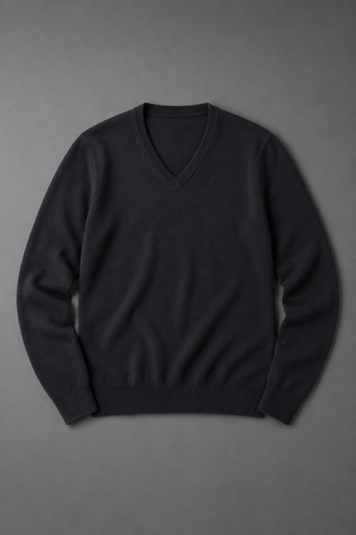 Merino V-Neck in Deep Ink, laid flat.