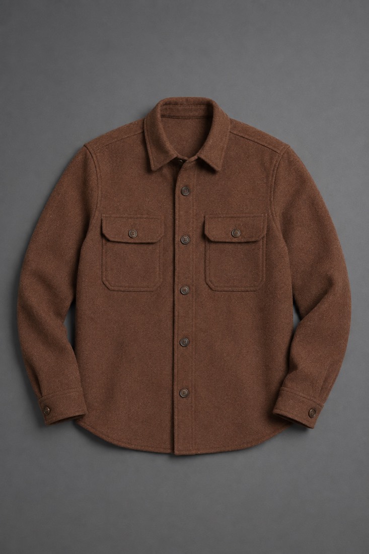 Overshirt Wool-Blend in Brick Brown, laid flat.