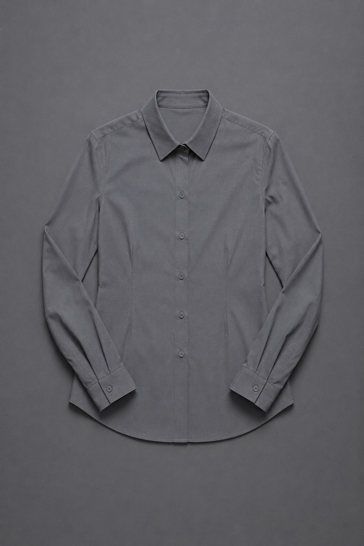 Poplin Shirt Slim in Slate Grey, laid flat.