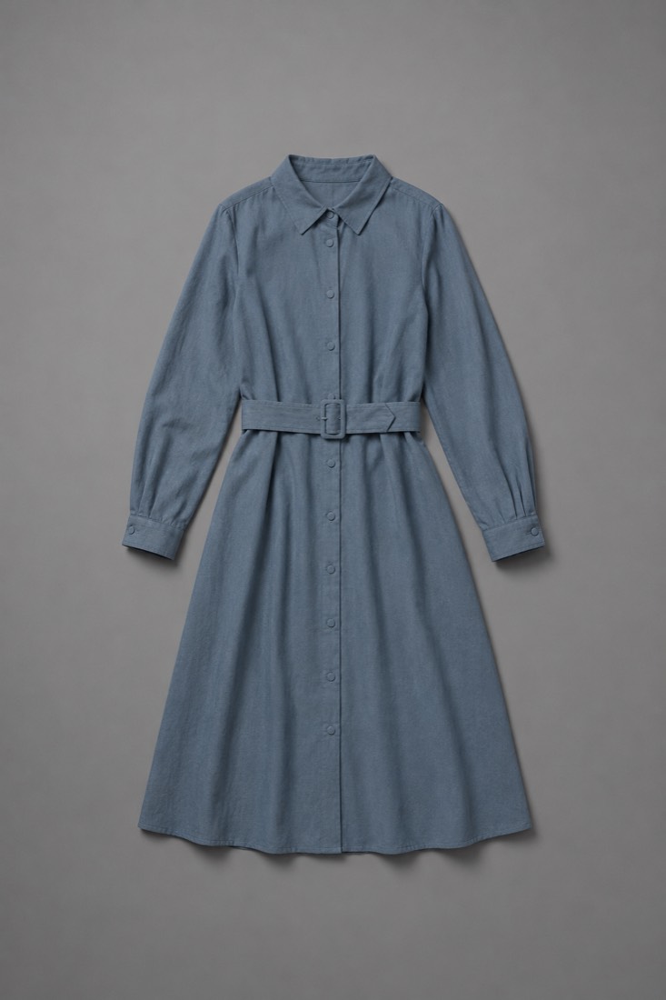 Shirt Dress Midi in Ash Blue, laid flat.