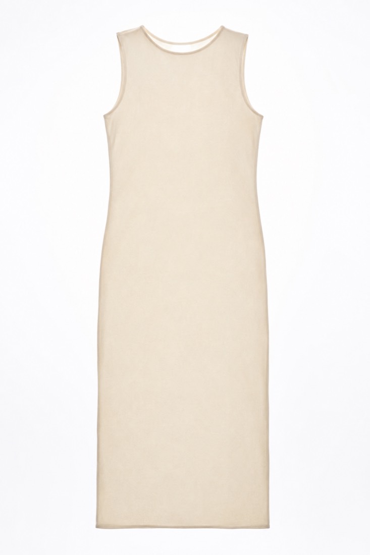 Sleeveless Column Dress photographed against a backlight so the opacity of the cloth is visible.