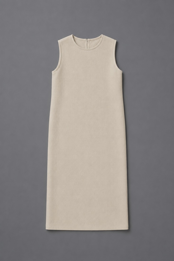 Sleeveless Column Dress in Oat White, laid flat.