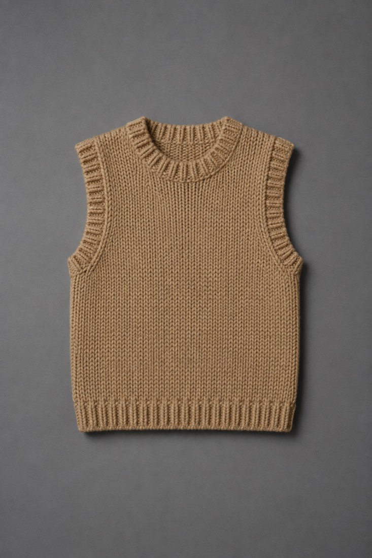 Sleeveless Knit Vest in Camel, laid flat.
