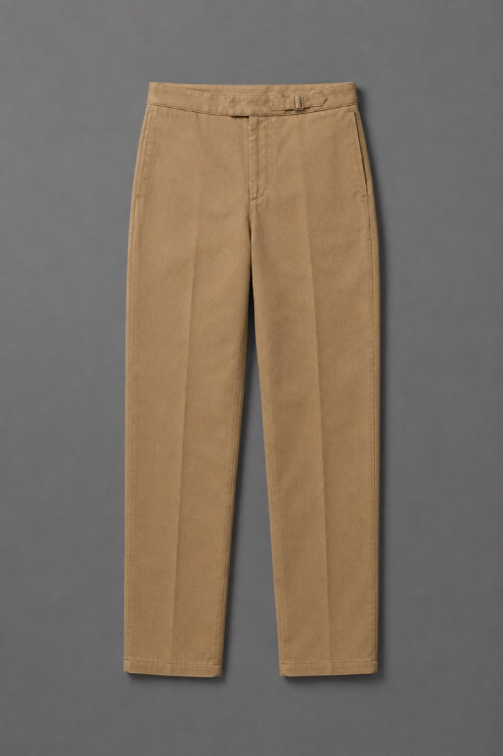 Stretch Chino Office in Camel, laid flat.