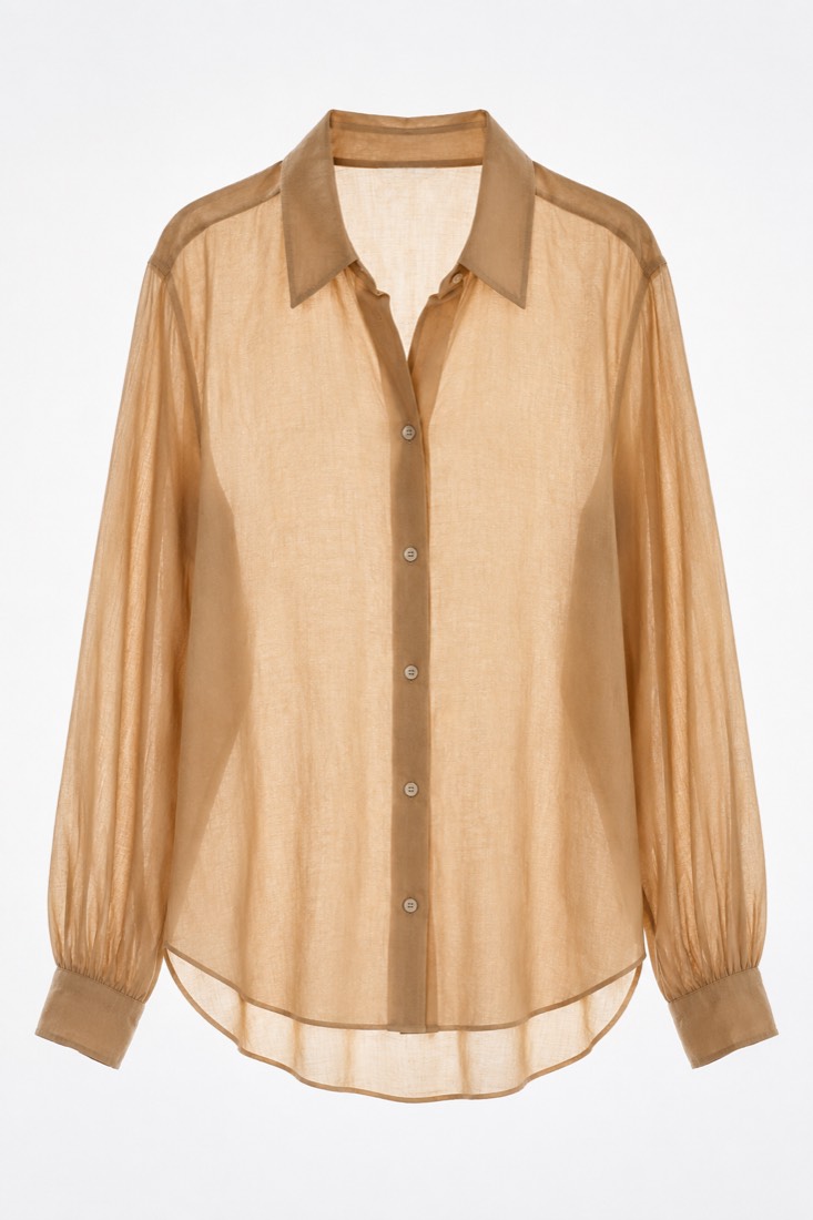 Tencel Drape Blouse photographed against a backlight so the opacity of the cloth is visible.