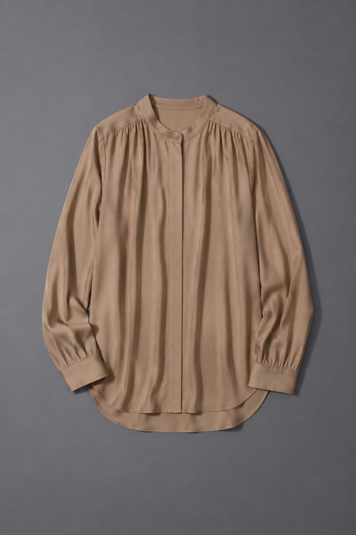 Tencel Drape Blouse in Camel, laid flat.