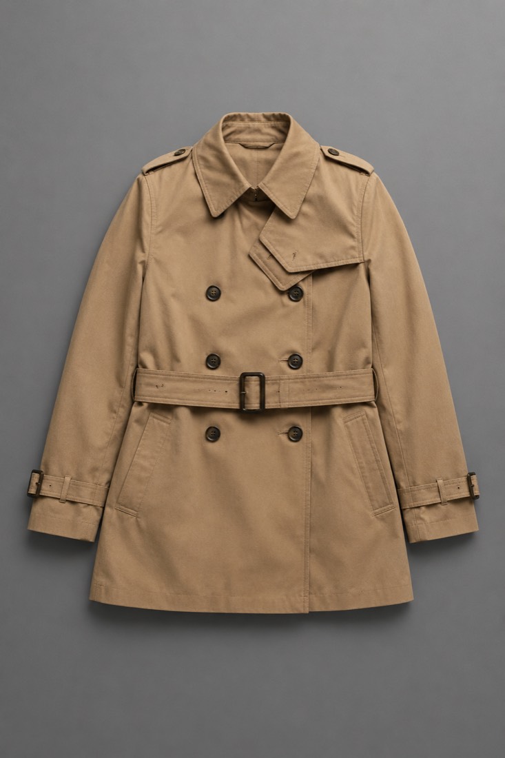 Trench Coat Short in Camel, laid flat.