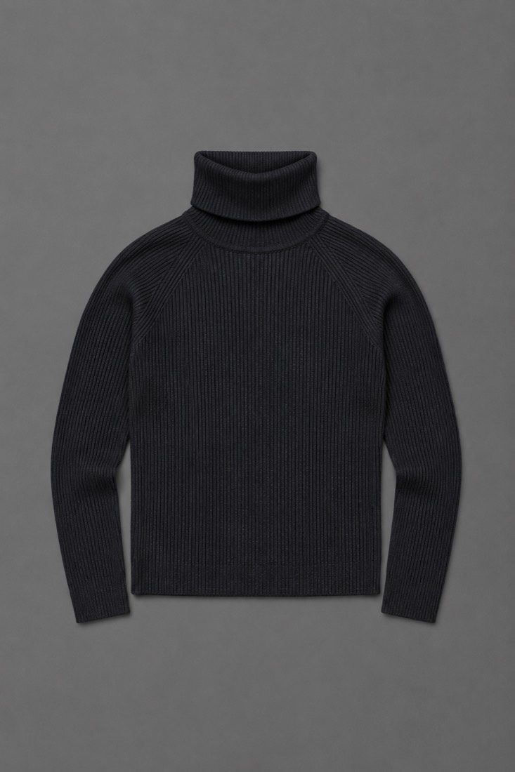 Turtleneck Fine Rib in Deep Ink, laid flat.