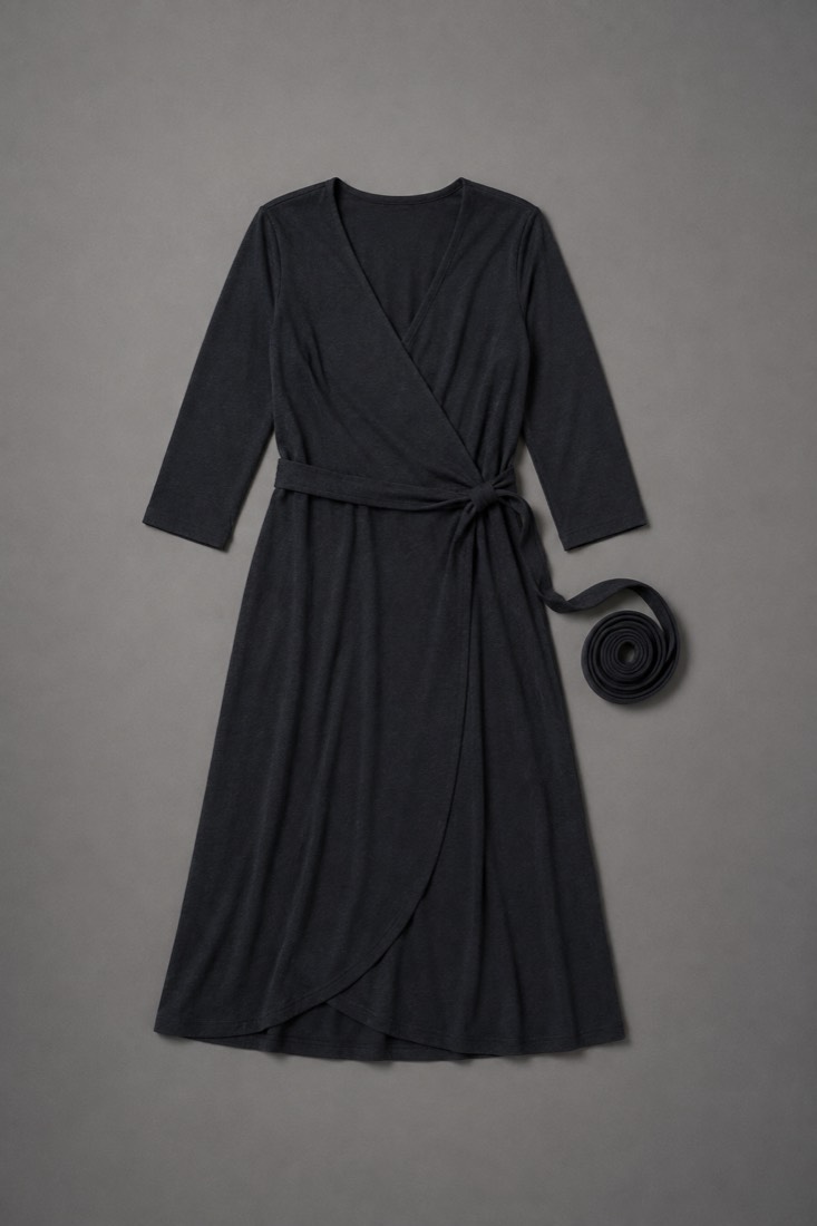 Wrap Dress Jersey in Deep Ink, laid flat.